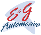 Logo of E&G Automotive with red cursive letters "E & G" and blue "Automotive" text below on a light blue background.