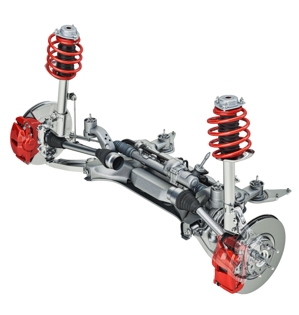 Steering & Suspension Repair in Chicopee, MA. Close-up of a car suspension system with red coil springs, shocks, and brake calipers, showing detailed mechanics.