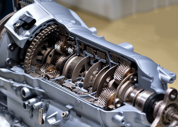 Transmission Service & Repair in Chicopee, MA by E&G Automotive. A close-up of the inner workings of an automotive transmission showing gears, shafts, and mechanical components.