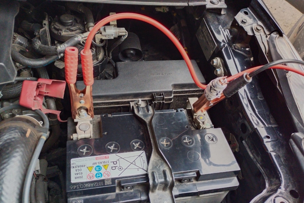 Winter Battery Diagnostics in Chicopee MA At E&G Automotive. Close-up of a vehicle battery