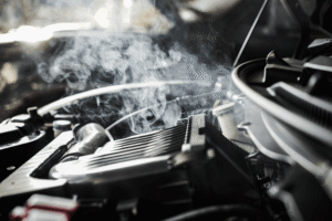 Engine overheating, auto repair in Chicopee, MA, at E&G Automotive. An image of steam rising from an overheating vehicle engine, illustrating engine overheating caused by cooling system failure, coolant leaks, or radiator problems requiring professional repair.