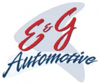 E & G Automotive logo with red and blue text on a light gray abstract background.